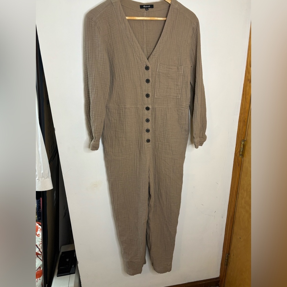 Madewell Lightspun Cotton Gauze Button Down Taupe Jumpsuit